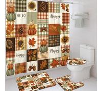Ensemble de rideaux de douche motif citrouilles d'automne Happy Fall | Motif patchwork, tournesols, glands, feuilles tombées, carreaux rustiques, tons de terre chauds