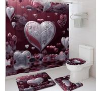 Ensemble de rideaux de douche romantiques en polyester imperméable avec tapis décoratif pour chambre d'amis en toile avec motif cœur, nuage fantaisie, tourbillon de Saint-Valentin, rouge, 183 x 183 cm