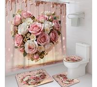 Ensemble de rideaux de douche romantiques et élégants en polyester imperméable avec motif de roses, fleurs, cœur, printemps, pêche, ensemble de rideaux et tapis décoratifs pour salle de bain en toile