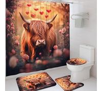 Ensemble de rideaux de douche romantiques et rustiques avec crochets - Motif vache des Highlands - Roses et cœurs - Lavable - Avec crochets - Pour la maison, le bain, l'hôtel - 183 x 183 cm