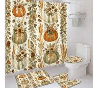 Ensemble de rideaux de douche rustiques Citrouilles Tournesol Décor | Tournesols, tiges de blé, imprimé botanique rustique, tons terreux, style rustique