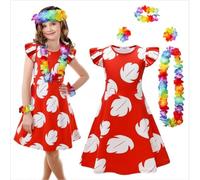 Ensemble de robe florale rouge pour enfants, robe de style hawaïen, adorable ange avec couronne de fleurs, collier et bracelet, convient pour les sorties de filles, les séances de photographie et les