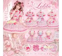 Ensemble de robe JSK Sweet Lolita, jupe à imprimé japonais sur le thème d'un parc d'attractions, robe à bretelles kawaii, tenue pour un goûter ou un cosplay. Detachable Sleeves