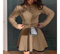 Ensemble de robe tricotée élégante 2026 Printemps/Automne, comprenant un pull à col polo avec broderie papillon et une jupe mi-longue à taille haute en beige automne L,M,S,XLBlocs de couleur,Géométriq