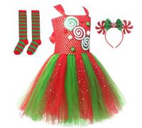 Ensemble de robe tutu de Noël pour fille - Costume Çandy Land avec bandeau | Construction en tulle de polyester, comprend un bandeau et des chaussettes, style ballet sans manches