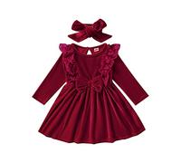 Ensemble de robes en molleton pour bébé fille à volants en dentelle à manches longues taille haute avec nœud papillon robe mi-longue + bandeau princesse vêtements de fête tenue 86 vin rouge 12-18 mois