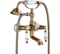 Ensemble de robinet de baignoire en laiton antique avec poignée en porcelaine douchette à main double boutons en croix