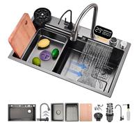 Ensemble de robinet de cuisine multifonction - Robinet en acier sans rinçage avec cascade LED, distributeur de savon inclus, design moderne noir et gris, 85 x 45 cm, parfait pour la maison et la