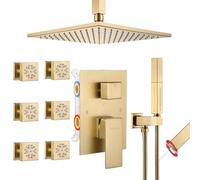 Ensemble de robinet de douche doré brossé avec 4 jets corporels, fixateurs de douche à bouton poussoir avec 2 en 1, pommeau de douche de 25,4 cm (corps de valve rugueuse et garniture inclus)