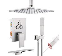 Ensemble de robinets de douche de luxe en nickel brossé de 25,4 cm avec bec de baignoire, bouton poussoir inverseur et pommeau de douche 2 en 1 fixations en laiton