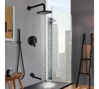 Ensemble de robinets de douche ronds à 3 voies en laiton noir à fixation murale à effet pluie avec bec pivotant pour baignoire de salle de bain - Mélangeur inverseur de douche - 25,4 cm