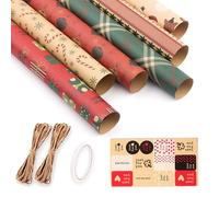 Ensemble de rouleau de papier cadeau de Noël Set 50 * 70CM, 6 fogli di carta, 1 adesivo biadesivo, corda di carta kraft 10M * 2, 1 adesivi