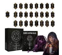 Ensemble de runes en bois - Symboles de divination complexes, pièces de mythologie rectangulaires sculptées, 24 runes + 1 guide de blocs vierges + rangement en velours, outil de méditation en bois
