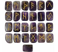 Ensemble de runes en cristal d'améthyste - Pierres précieuses viking - Reiki - Gravure dorée - Alphabets runiques gravés (améthyste)