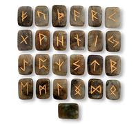 Ensemble de runes en cristal de labradorite - Rune - Viking - Pierre précieuse de guérison Reiki - Alphabet runique doré gravé (Labradorite)