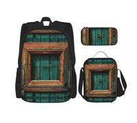 Ensemble de sac à bandoulière double porte en bois antique rustique avec sac à déjeuner et trousse à crayons, convient pour le shopping, les sports de plein air