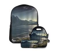 Ensemble de sac à dos d'école,Artistical Dark Fantasy avec Sunbeams sur l'Océan Seacoast Cliff Montagne,avec sac à lunch et étui à crayons pour cartable d'adolescent