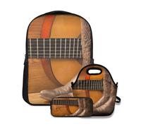 Ensemble de sac à dos d'école,Country American Music avec des chaussures de guitare et cow-boys sur bois,avec sac à lunch et étui à crayons pour cartable d'adolescent