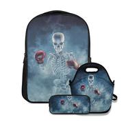 Ensemble de sac à dos d'école,Les Gants effrayants Fighter Skeleton Phantom Boxer Le port de boxe Inscrivez-vous à travers la fumée émergents,avec sac à lunch et étui à crayons pour cartable