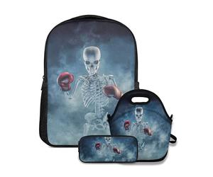 Ensemble de sac à dos d'école,Les Gants effrayants Fighter Skeleton Phantom Boxer Le port de boxe Inscrivez-vous à travers la fumée émergents,avec sac à lunch et étui à crayons pour cartable