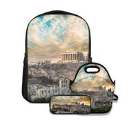 Ensemble de sac à dos d'école,Parthénon Acropole d'Athènes sous Dramatic Sunset Sky de la Grèce,avec sac à lunch et étui à crayons pour cartable d'adolescent