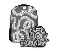 Ensemble de sac à dos d'école,Snakes Tattoo Art Coloring Books Vintage Hand Drawn,avec sac à lunch et étui à crayons pour cartable d'adolescent