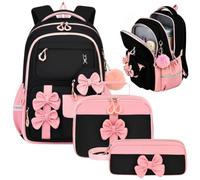 Ensemble de sac à dos pour filles - 3 pièces avec nœud mignon | Sac à déjeu | Polyester haute densité imperméable, convient aux ordinateurs portables et aux manuels scolaires, ensemble de sac à dos de 18