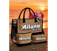 Ensemble de sac fourre-tout de plage "Milan" pour femmes avec motif de lettre artistique et de vague, grand sac fourre-tout avec 2 sacs cosmétiques. Sac de courses réutilisable léger, porte-monnaie mi