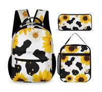 Ensemble de sacs à dos de voyage avec sacs à lunch et trousse à cosmétiques Sac à dos à imprimé vache tournesol vintage des années 80 avec sac de rangement pour boîte à lunch Ensemble de sacs à dos e
