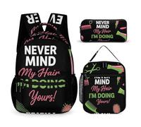 Ensemble de sacs à dos de voyage avec sacs à lunch et trousse de maquillage Citation de barbier Never Mind My Hair I'm Do Yours Sac à dos avec sac de rangement pour boîte à lunch Ensemble de sacs à d