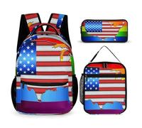 Ensemble de sacs à dos de voyage avec sacs à lunch et trousse de maquillage US Rainbow Love LGBT Pride Drapeau américain Carte Sac à dos avec boîte à lunch Sac de rangement Ensemble de sacs à dos et