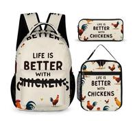 Ensemble de sacs à dos Life Is Better avec sac à dos Chicken Rooster avec boîte à lunch et trousse de maquillage, sac à dos de voyage pour ordinateur portable, ensemble de sacs à dos décontractés