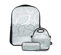 Ensemble de sacs à dos pour l'école,Argent,Dentelle Inspirée Fleur motifs de mariage Composition feuilles stylisées de mariage thème décoratif,avec sac à lunch et trousse à dos pour adolescents
