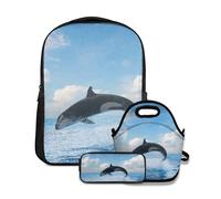 Ensemble de Sacs à Dos pour l'école,Blue Sky Orque de Saut Killer Whale Paysage Marin Ocean Parks Waters Go Surf Design One,avec Sac à Lunch et Trousse à Dos pour Adolescents