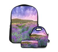 Ensemble de Sacs à Dos pour l'école,Camp Violet Provence Sunset Over Summer Lavande Tihany Nature Vert France Hongrie Harvest,avec Sac à Lunch et étui pour Sac à Dos pour Adolescents