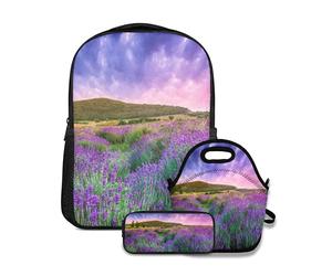 Ensemble de Sacs à Dos pour l'école,Camp Violet Provence Sunset Over Summer Lavande Tihany Nature Vert France Hongrie Harvest,avec Sac à Lunch et étui pour Sac à Dos pour Adolescents