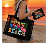 Ensemble de sacs à mailles grande capacité, sac fourre-tout de plage imprimé avec motif "Manger Dormir Plage", motif d'arbre de noix de coco, motif de flamant rose, style de plage, sac à bandoulière e