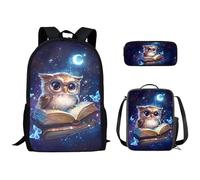 Ensemble de Sacs d'École Kuiaobaty pour Filles et Garçons 3 en 1 avec Sac de Lunch et Plumier pour Collège Moyen, Hibou sage