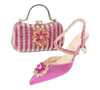 Ensemble de sacs dorés à talons en strass style nigérian pour femme avec mini pochette pour mariage, fuchsia, 43.5 EU