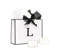 Ensemble de sacs en papier personnalisés, sac cadeau d'anniversaire monogrammé avec nœud en ruban, papier d'emballage et enveloppe autocollante assortie pour carte (blanc noir, taille L)