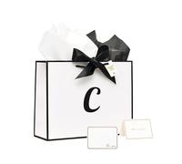 Ensemble de sacs en papier personnalisés, sac cadeau d'anniversaire monogrammé avec nœud en ruban, papier d'emballage et enveloppe autocollante assortie pour carte (blanc noir, C moyen-L)