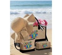 Ensemble de sacs fourre-tout en canevas thème océanique, comprenant des motifs de coquillages, baleines et palmiers "Cruise Life". Grand sac fourre-tout et deux sacs à maquillage. Convient pour les ma