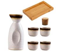 Ensemble De Saké Japonais Bouteille De Saké en Céramique Et Tasses à Saké avec Plateau en Bois pour La Maison Ou Le Restaurant, 1 Pot 4 Cups 1 Tray(Brown and White)