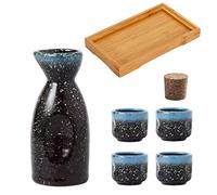 Ensemble De Saké Japonais Bouteille De Saké en Céramique Et Tasses à Saké avec Plateau en Bois pour La Maison Ou Le Restaurant, 1 Pot 4 Cups 1 Tray(Blue Edge)