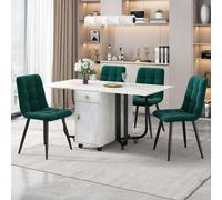 Ensemble de salle à manger, 150×80×76 cm Table de salle à manger avec 4 chaises, Table de cuisine pliante, Chaises rembourrées en velours avec dossier, Plateau de table en MDF, Vert émeraude