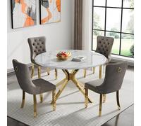Ensemble de salle à manger 5 pièces avec table ronde en marbre blanc de 119 cm avec 4 chaises en velours gris, table de cuisine circulaire élégante pour 4 personnes, parfaite pour salle à manger ou