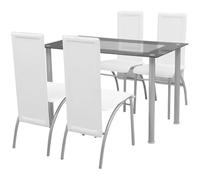 Ensemble de salle à manger 5 pièces, blanc, avec cadre en acier revêtu par pulvérisation et plateau en verre trempé, compact pour salle à manger et cuisine, ensemble de meubles modernes avec 4 chaises