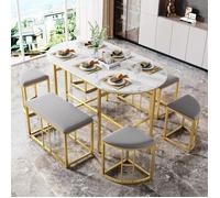 Ensemble de salle à manger avec table, 4 petits tabourets et 2 grands tabourets, structure en acier 140*70*76 cm, couleur or