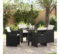 Ensemble De Salle À Manger De Jardin De 5 Pièces Avec Coussins En Rotin Noir, Table De Jardin Vidaxl Noire 80x80x73 Cm En Verre Trempé