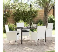 Ensemble De Salle À Manger De Jardin De 5 Pièces Avec Coussins Rattan Poly Blanc, Table De Jardin Vidaxl Noire 140x80x73 Cm En Verre Trempé